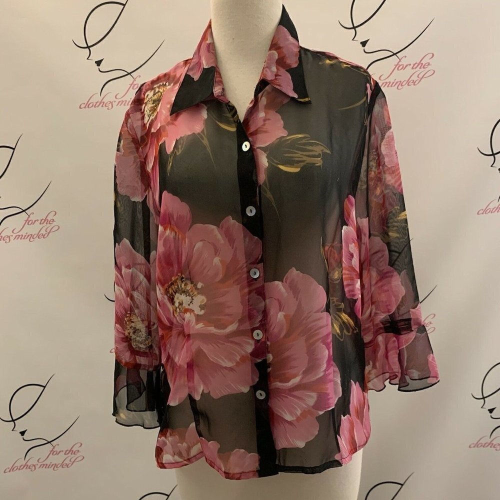 MDS California. Size Large. Sheer Floral Feminine 3/4 Sleeve Blouse. B31
